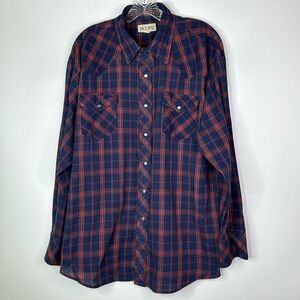 Vintage Hoofs Blue Plaid Pearl Snap Button Down Shirt Size XL